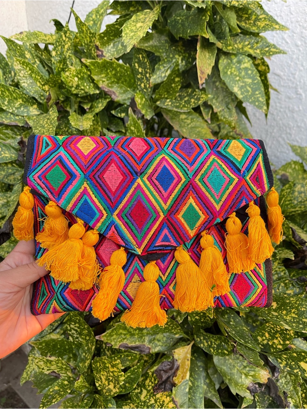 Handmade Multicolor Geometric Clutch with Mustard Tassels